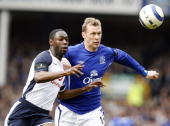 Ledley King battles with Duncan Ferguson in the latter stages of today's game