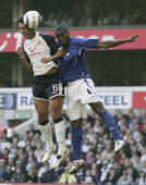 Mido rises to beat Yobo and to give Spurs the lead and their first headed goal of the season