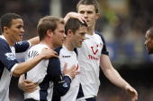 Robbie Keane celebrates after scoring from the spot at Goodison Park to give Spurs a lead they never lost in the corresponding game last season