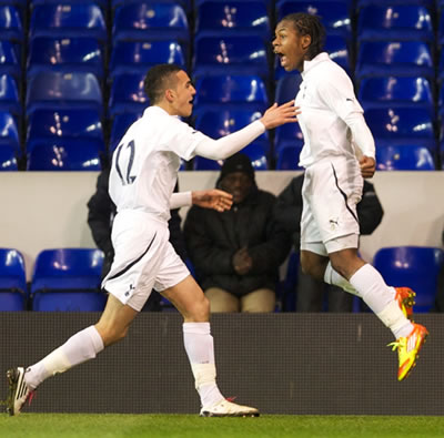 Spurs scorer Shaquile Coulthirst leaps with delight after scoring the match-winning goal