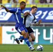 Spurs double scorer, Robbie Keane in action on a night where he nearly had a hat-trick, but hit the bar with a third effort on goal