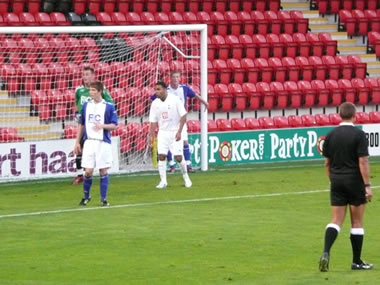 Striker Andy Barcham scored the winning goal on Monday, thanks to a first-time Boateng ball over the defence. Here he is seen in the Birmingham 6-yard box waiting to pounce upon a corner