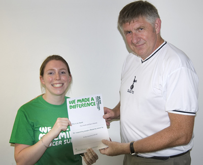 Paul Smith makes a presentation to Rebecca Steadman of Macmillan Cancer Support on behalf of Spurs Odyssey members