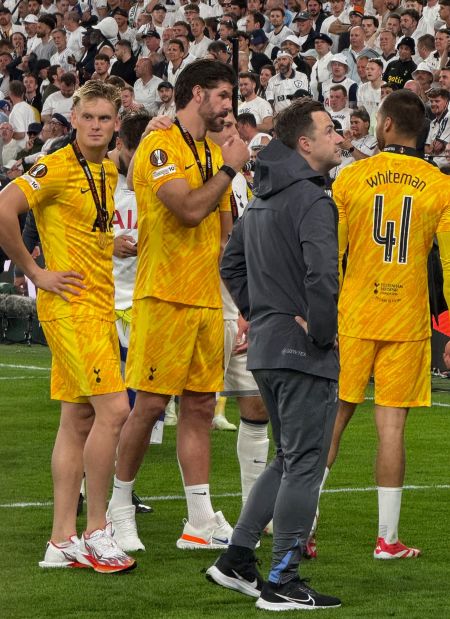Non-playing and non-registered goalkeepers Antonin Kinsky and Fraser Forster (who did play in the league phase of this tournament) are seen alongside substitute Alfie Whiteman. Brandon Austin was also on the bench tonight. Member of the coaching staff Matty Wells is in the foreground. Matty is the grandson of the legendary Cliff Jones, who celebrated at home. Cliff played in our first European trophy win in 1963!